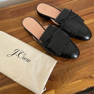 NWOT J.Crew Black Croc Embossed Leather Mules